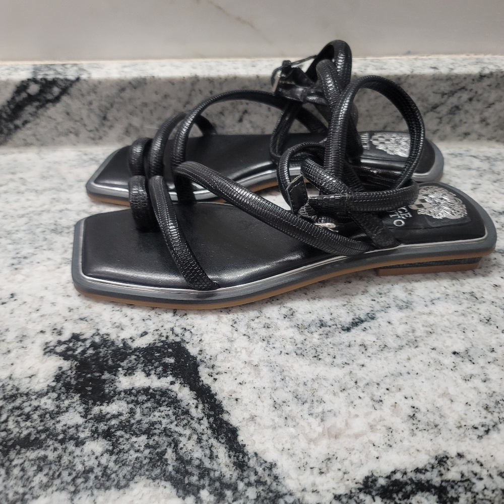 Vince Camuto Pertema Leather Embossed Ankle Strap Flat Sandals - Picture 5 of 8